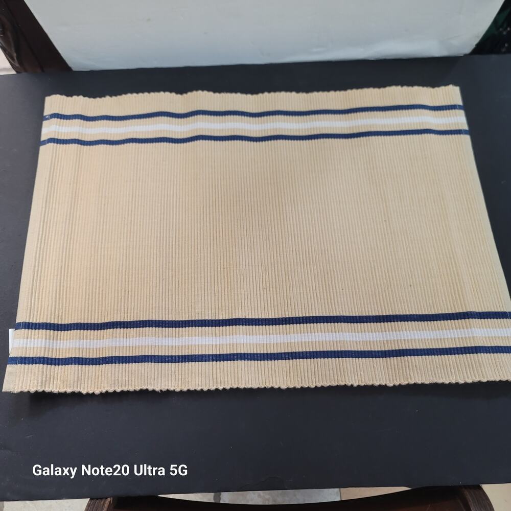 set 4 Pier 1 Imports All cotton Placemats Cream Blue White Striped VTG 20x14set